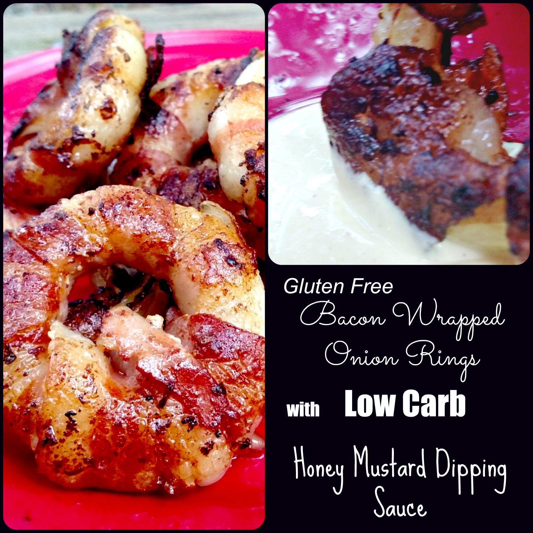 GF Bacon Onion Rings Recipe with Low Carb Honey Mustard Dipping Sauce
